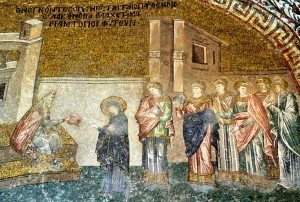 three priests on the stairs of the church - Chora Church